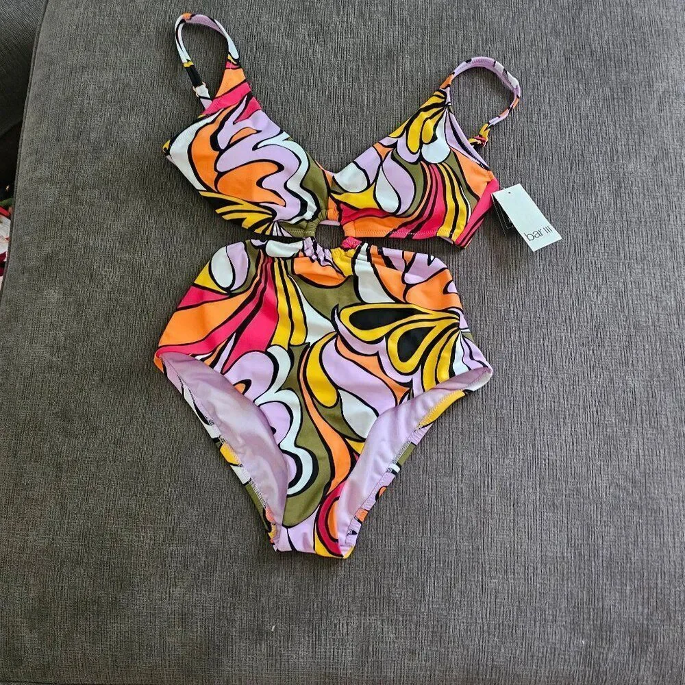 Bar III Women's Multicolor Vibe Check Ring Monokini Swimsuit Size XS